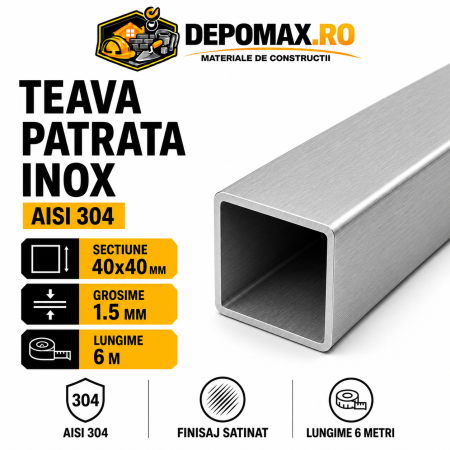 Teava patrata inox satinata AISI 304, 40 x 40 x 1.5 mm, 6 metri